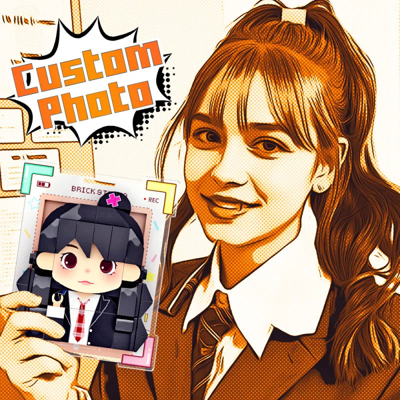 Illustration of a person holding a phone with a cartoon character, with 'Custom Photo' text in the corner.