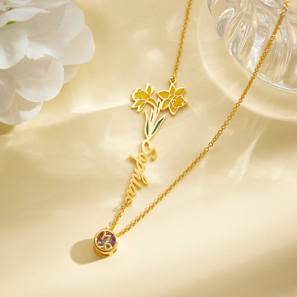 Personalised Birth Flower & Star Sign Name Necklace - Ideal Wedding Gift Birthday Gift