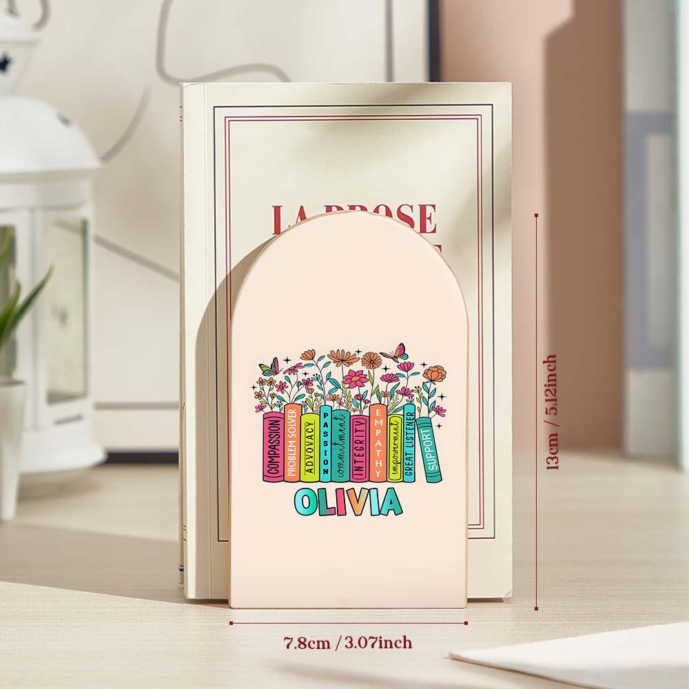 Personalised Wood Bookends with Name Floral Bookend Back to School Appreciation Gift for Teacher