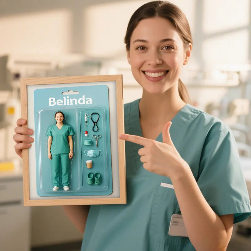 Person in medical scrubs holding a framed figure labeled 'Belinda' with medical accessories.