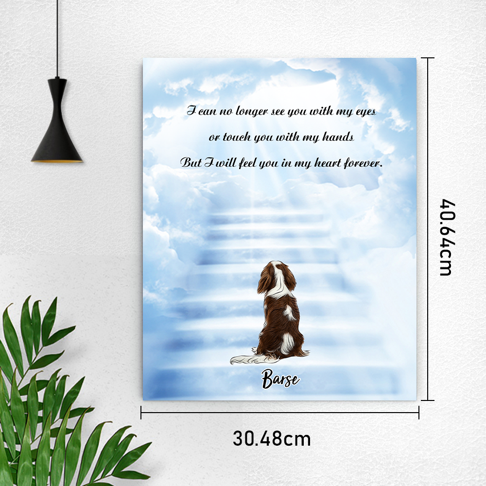 Canvas print with a dog illustration and text on a blue sky background, dimensions displayed.