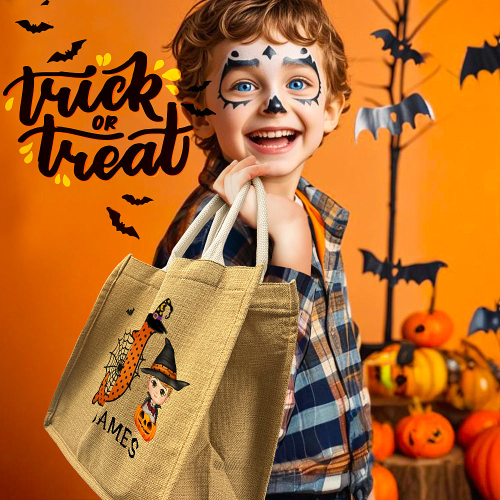 Personalised Cartoon Character Pumpkin Design Trick or Treat Candy Jute Tote Bag with Initial & Name Halloween Party Favors Gift for Kids