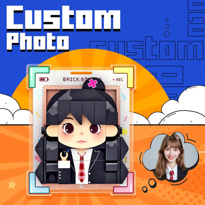 Cartoon character with a customizable photo feature on a colorful background