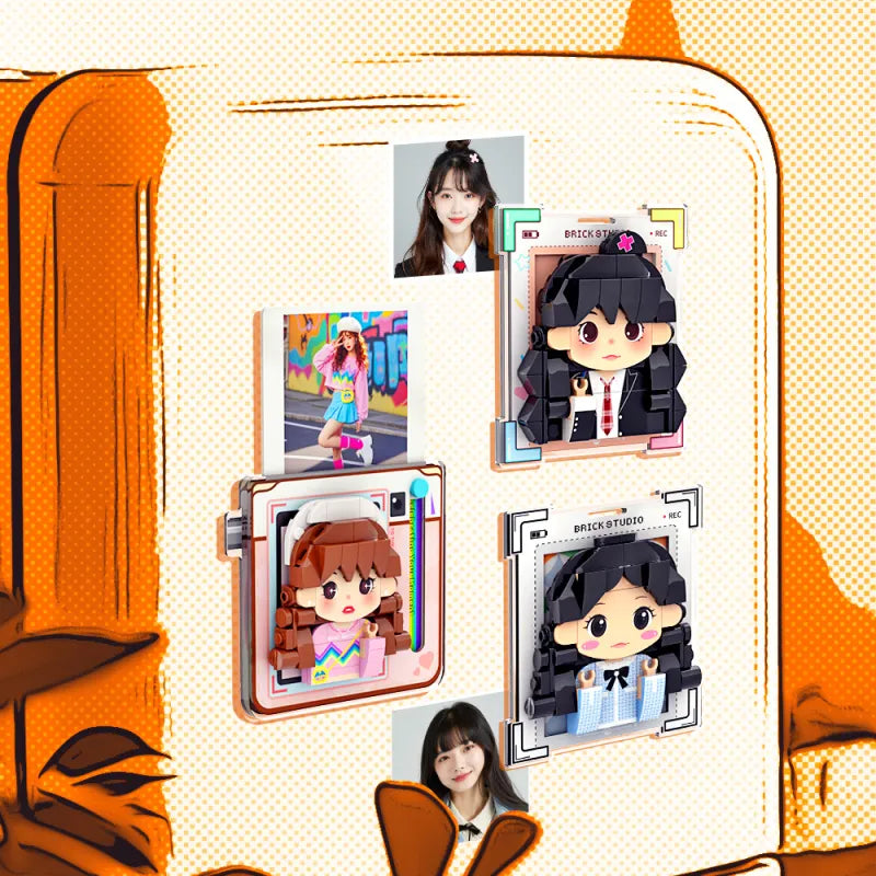 Set of small figurines with different hairstyles and outfits on a decorative background