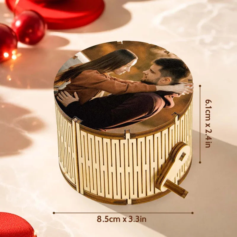 Wooden photo album with a couple's photo on a light background