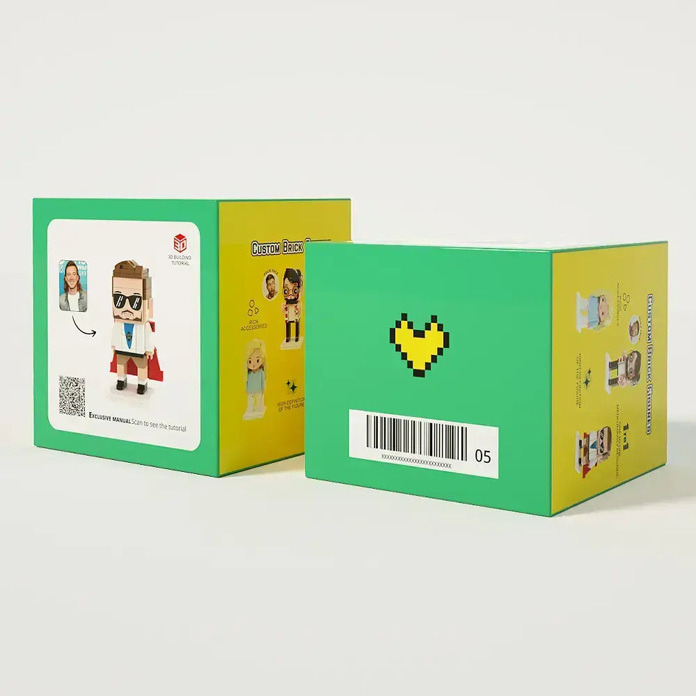 Green and yellow packaging box with character cards on a white background