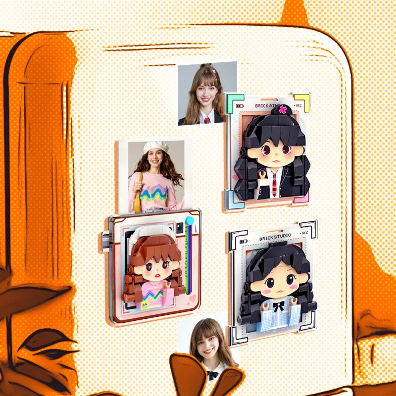 Set of small figurines with cartoon-style designs on a decorative background