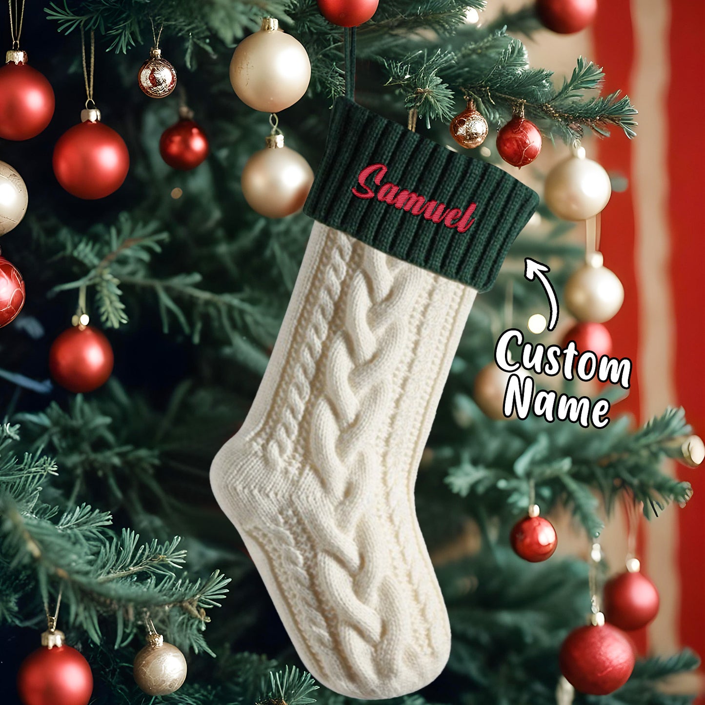 Beige Christmas stocking with 'Samuel' embroidered on a decorated tree.