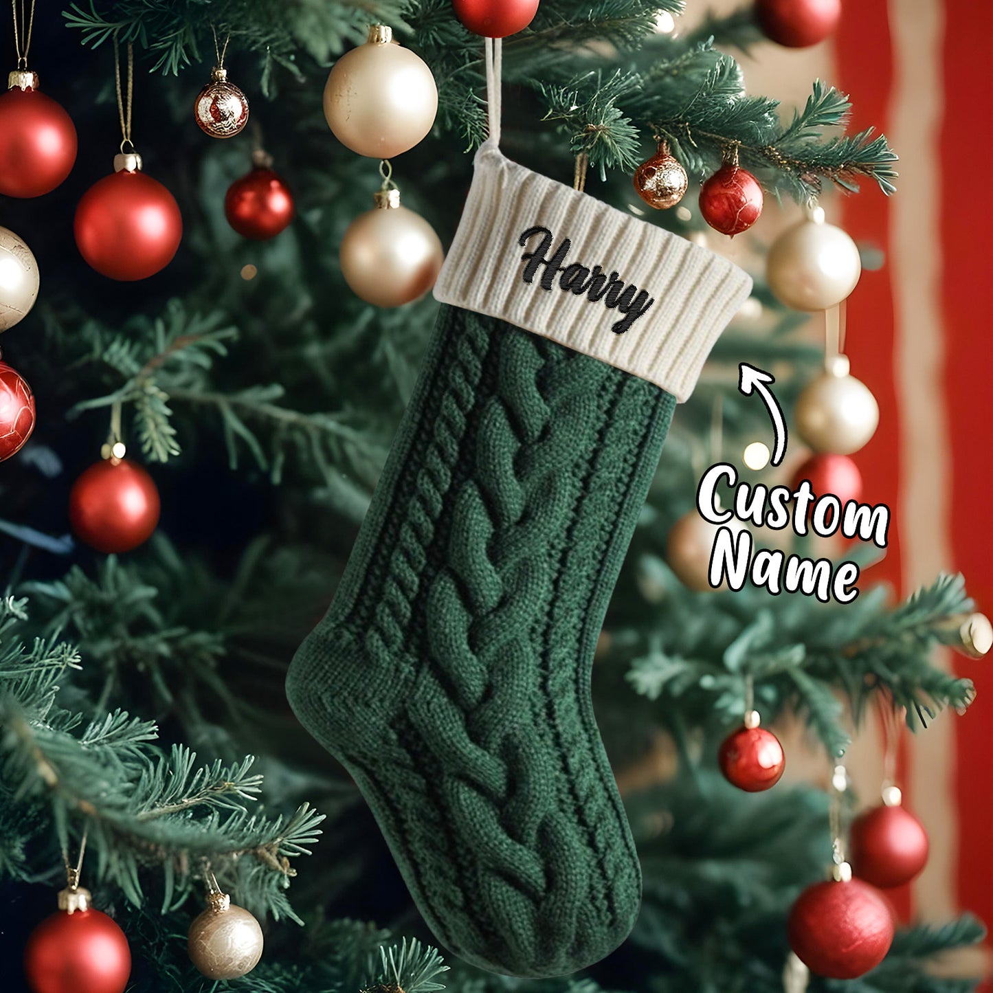 Green knitted Christmas stocking with 'Harry' name tag hanging on a decorated tree.