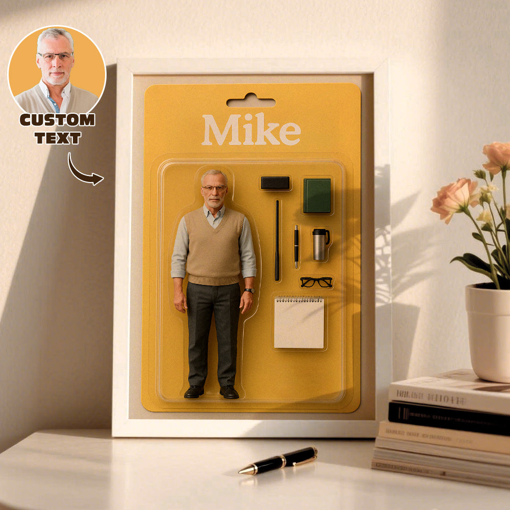Action figure packaging with a customizable name on a neutral background