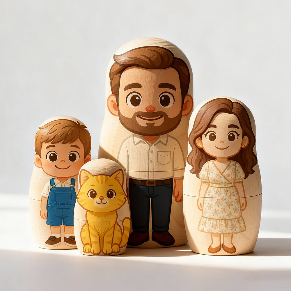 Wooden nesting dolls of a family with a cat on a light background