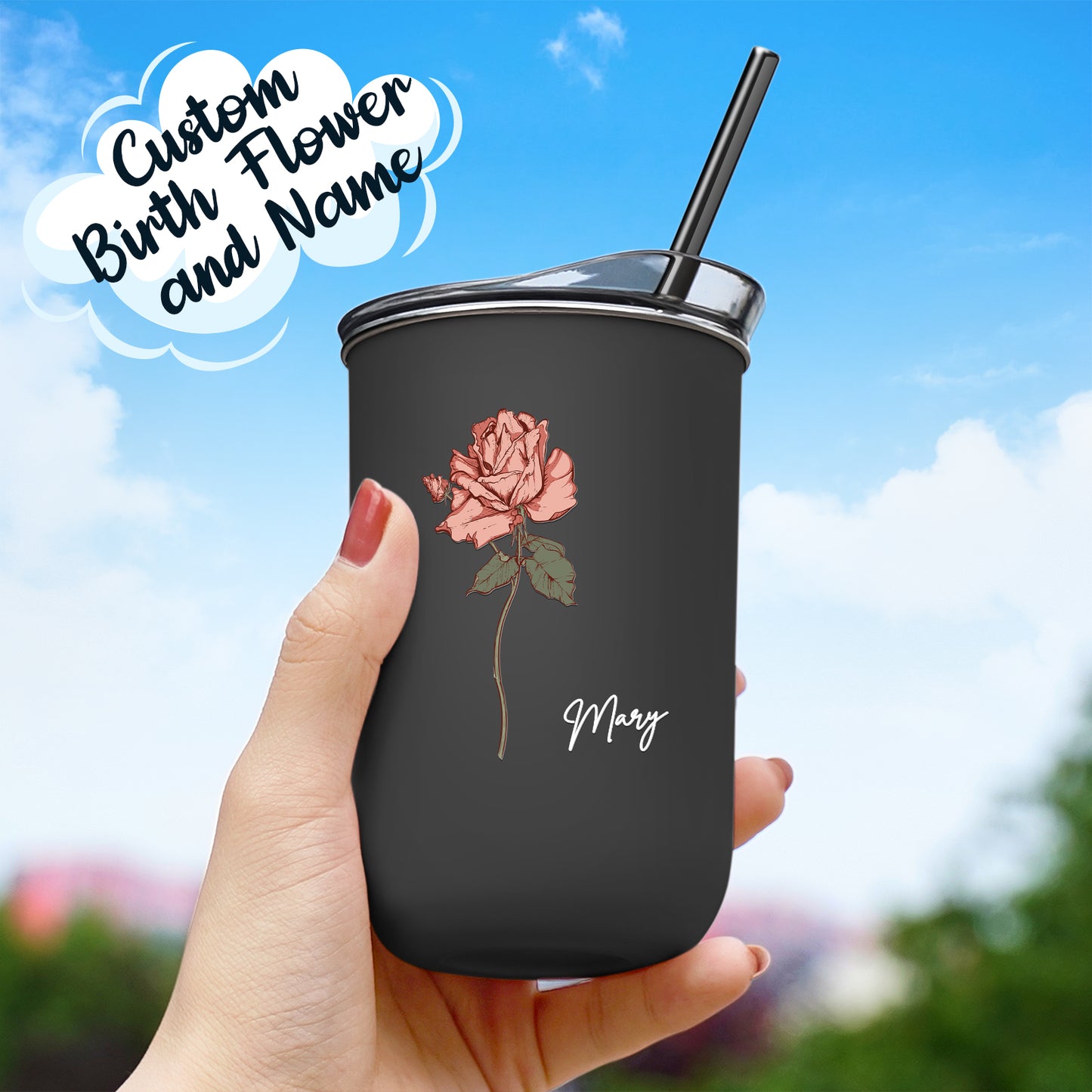Custom Name Birth Flower Straw Coffee Cup 12oz/350ml - Personalised and Stylish