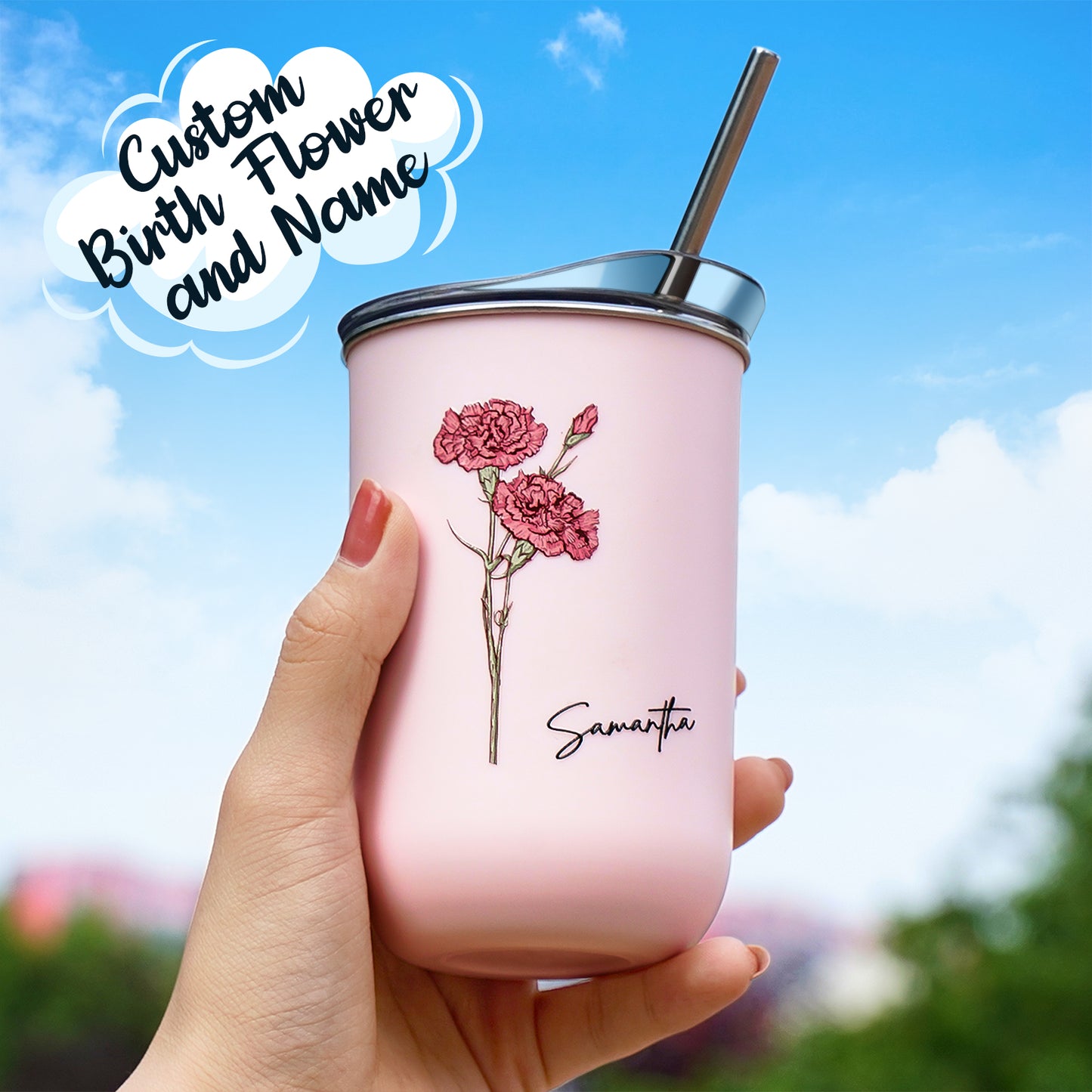 Custom Name Birth Flower Straw Coffee Cup 12oz/350ml - Personalised and Stylish
