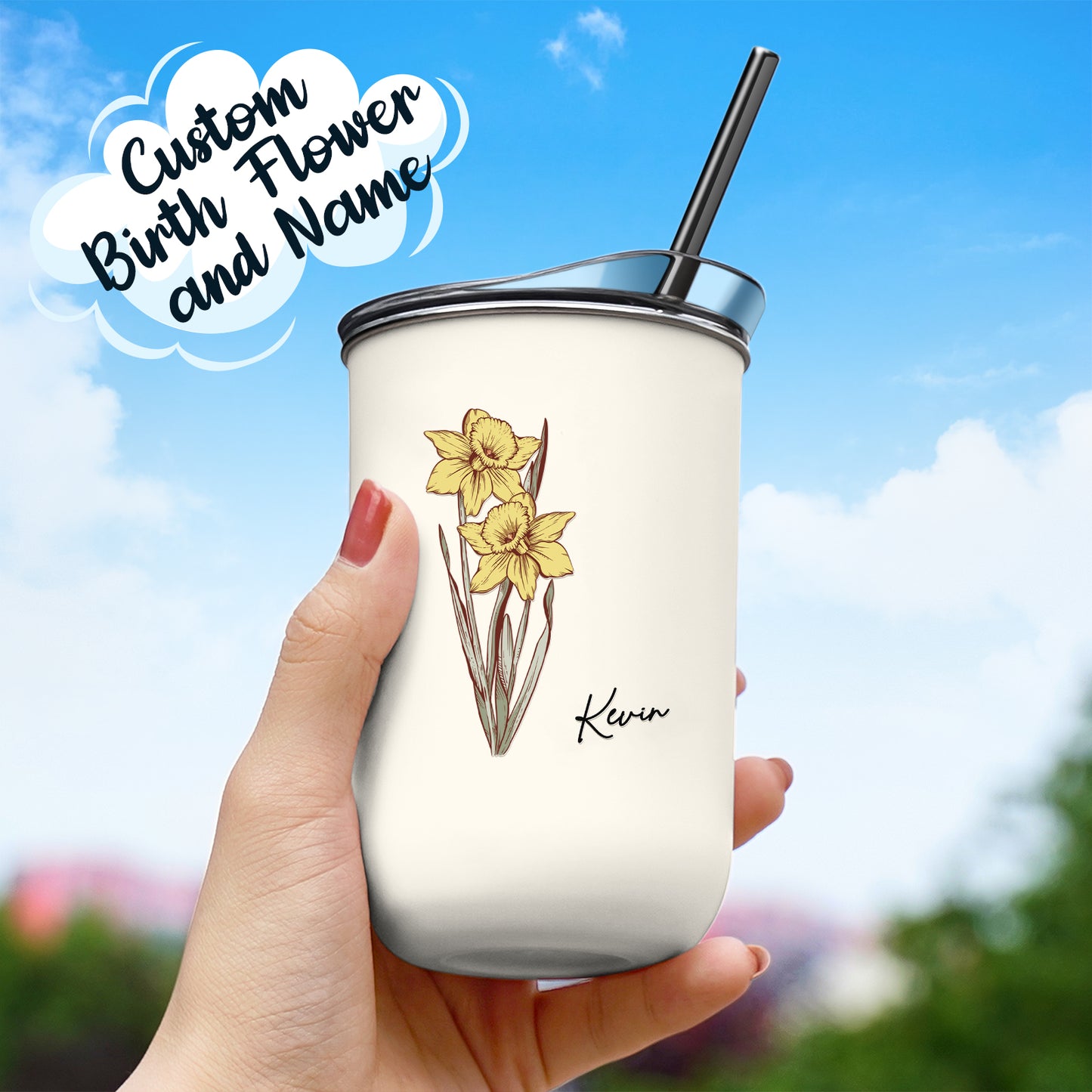 Custom Name Birth Flower Straw Coffee Cup 12oz/350ml - Personalised and Stylish