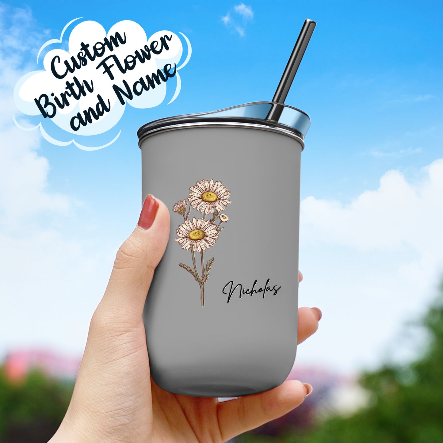 Custom Name Birth Flower Straw Coffee Cup 12oz/350ml - Personalised and Stylish