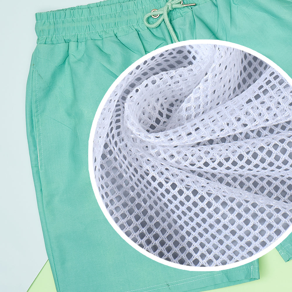 Personalised Beach Shorts Custom Funny Green to Blue Gradient Swimming Trunks with Face And Name