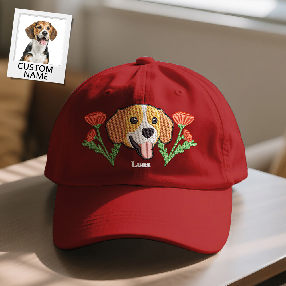 Red cap with dog illustration and flowers, featuring a small inset of a dog and text 'CUSTOM NAME'.