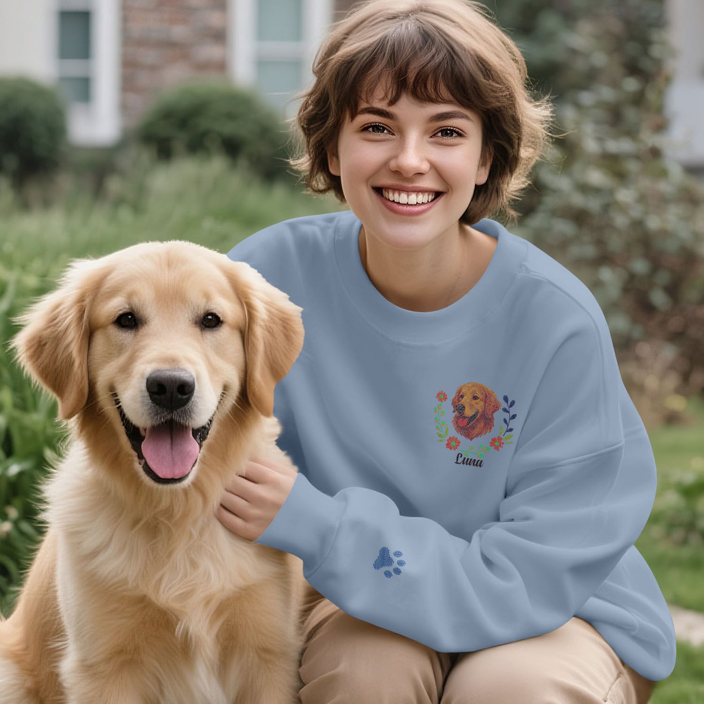 Custom Embroidered-Style Pet Sweatshirt – Personalised Pullover with Pet Name & Wreath