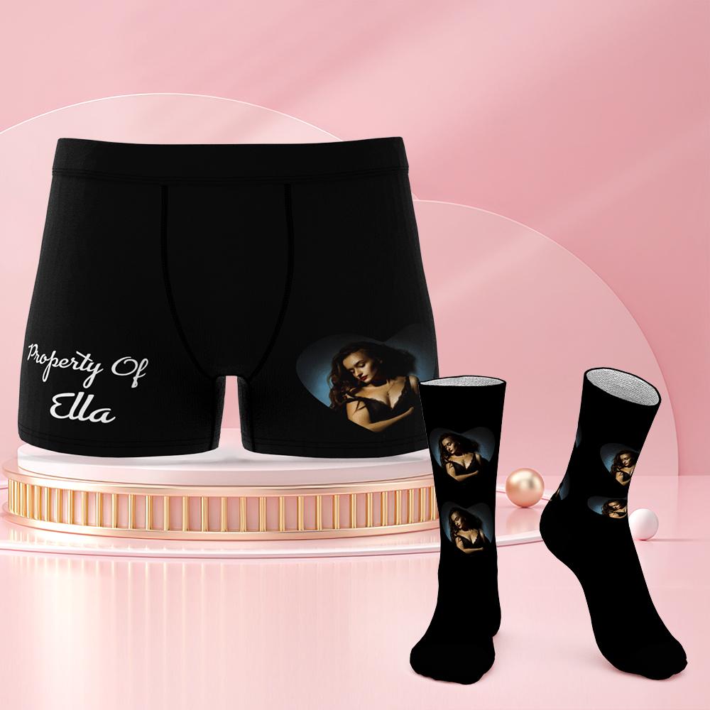 Custom Face Photo Engraving Underwear and Socks Set Love Heart Boxer Shorts Valentine's Day