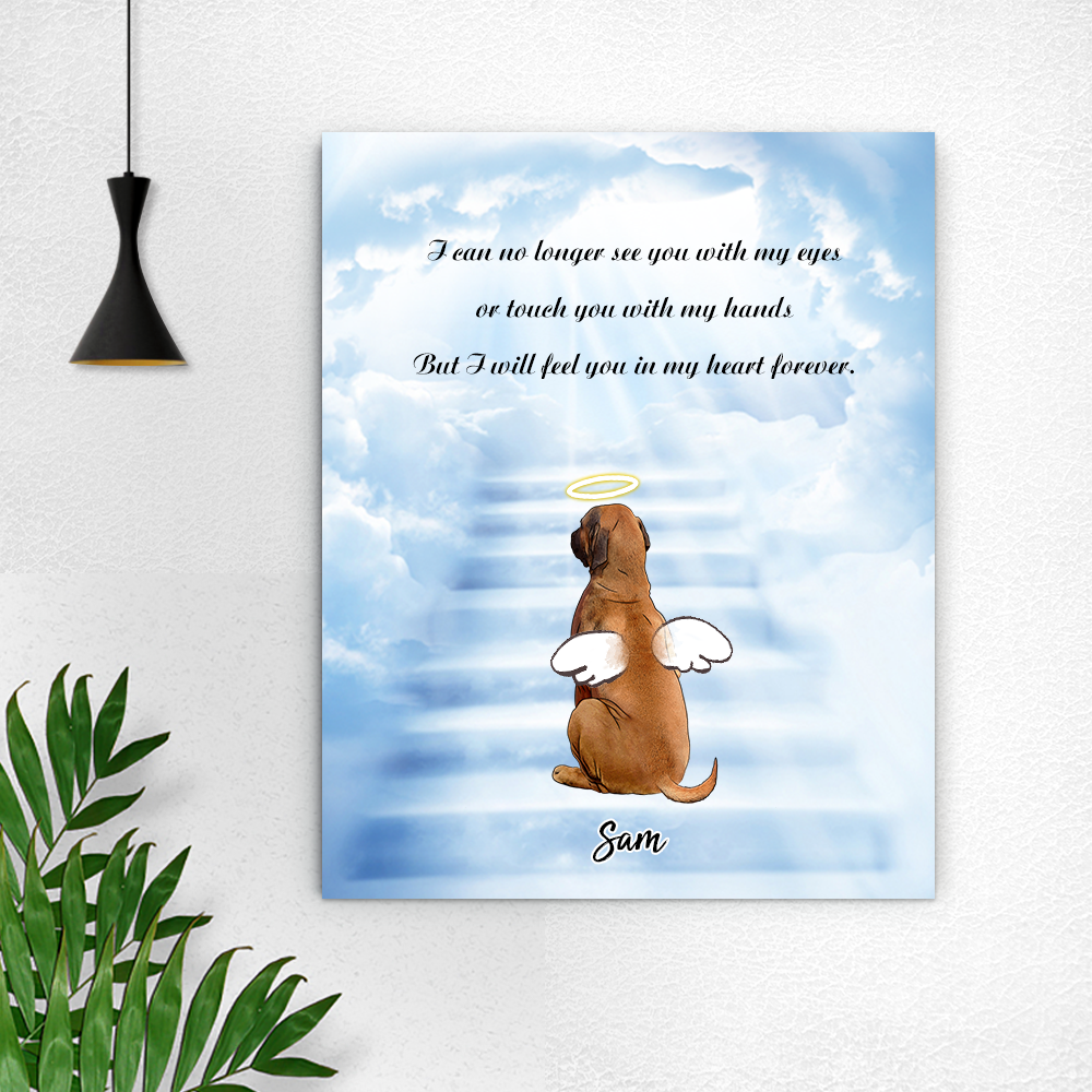 Poster of a dog with angel wings and a halo against a blue sky with clouds, on a white wall.