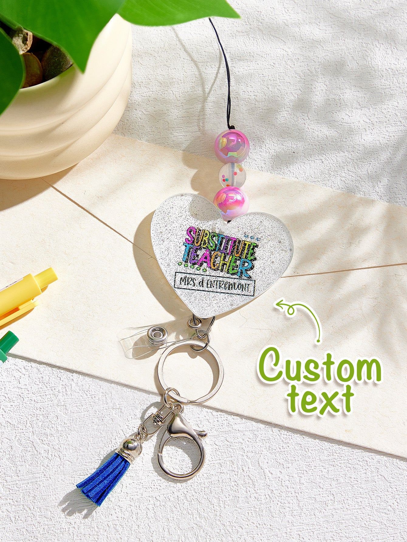 Personalised Glitter Acrylic Beaded Tassel Lanyard with Name Back to School Gift for Teacher