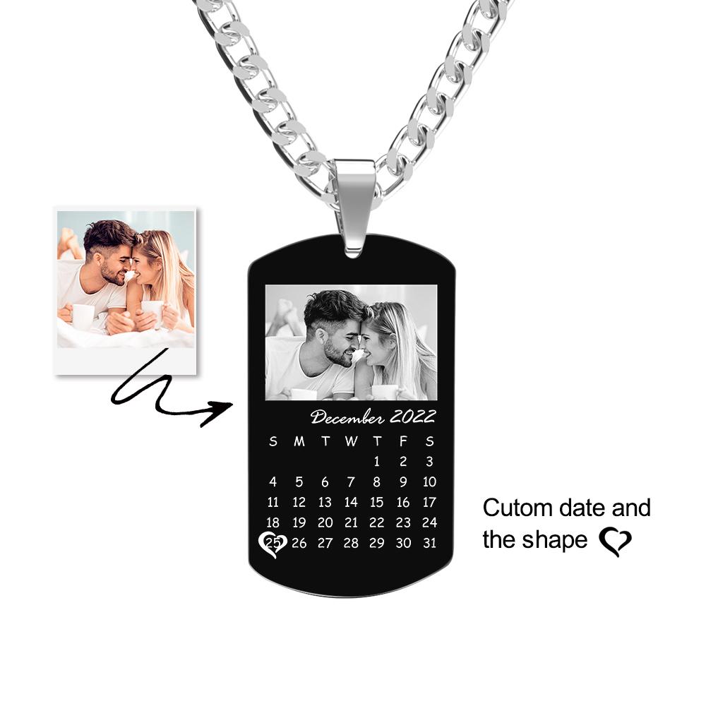 Custom Black Filter Photo Necklace With Heart Circled Calendar Gift