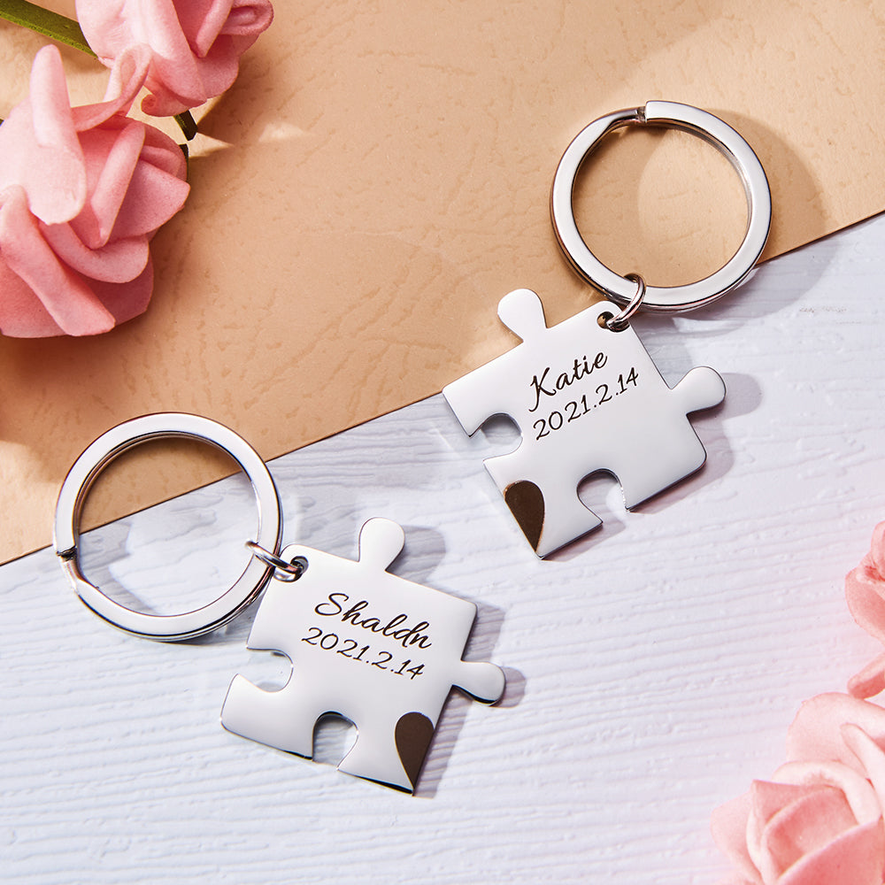 Custom Engraved Couple Keychain Set Personalised Puzzle Key Ring Valentine's Day Gifts Wedding Gifts