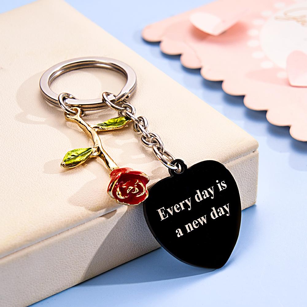 Personalised Rose Pendant Heart Keychain Elegant Flower Key Ring for Her