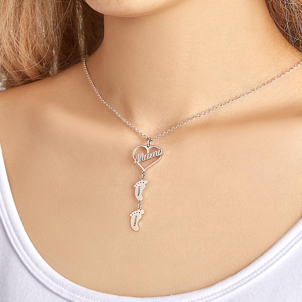 Custom Engraved Name Necklace Love MaMa Heart Baby Feet Charm