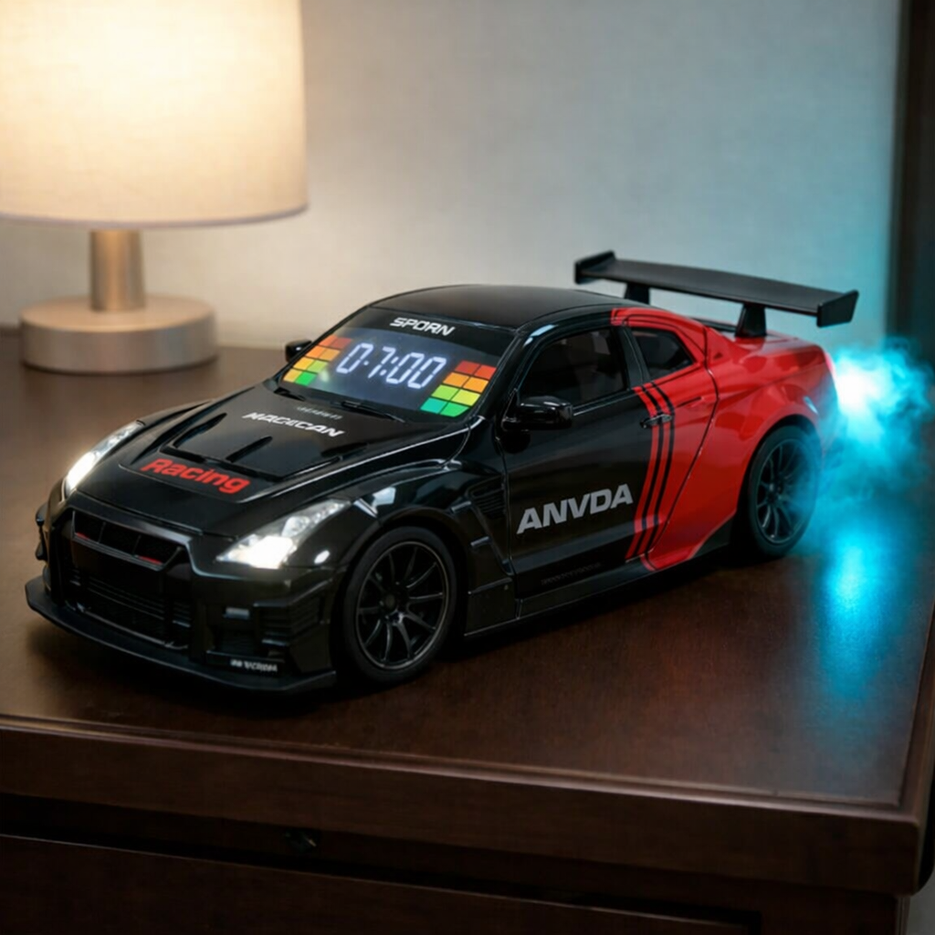 Model car with glowing elements on a wooden surface