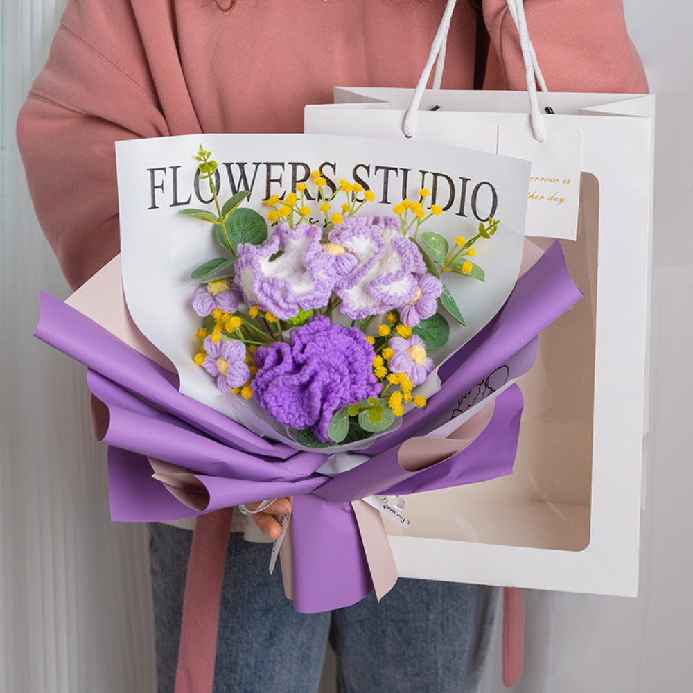 Crochet Flowers Bouquet Handmade Knitted Carnation Bouquet with Light Strip Gift for Her