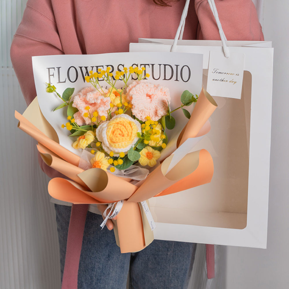 Crochet Flowers Bouquet Handmade Knitted Carnation Bouquet with Light Strip Gift for Her