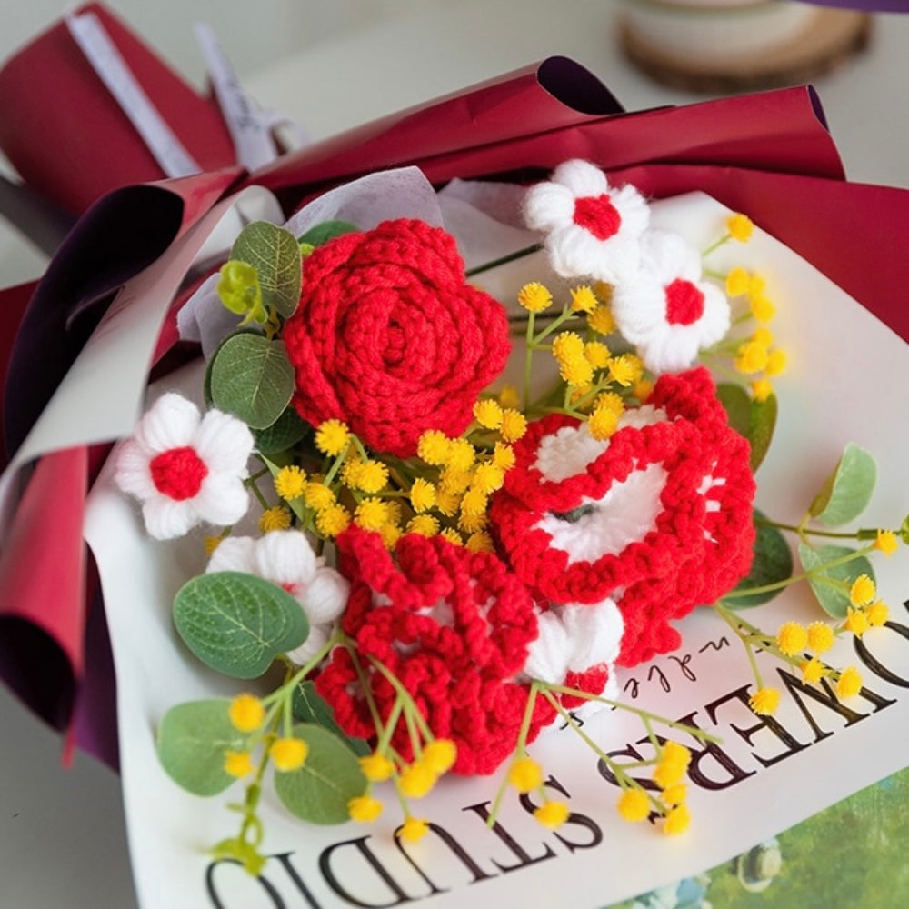 Crochet Flowers Bouquet Handmade Knitted Carnation Bouquet with Light Strip Gift for Her