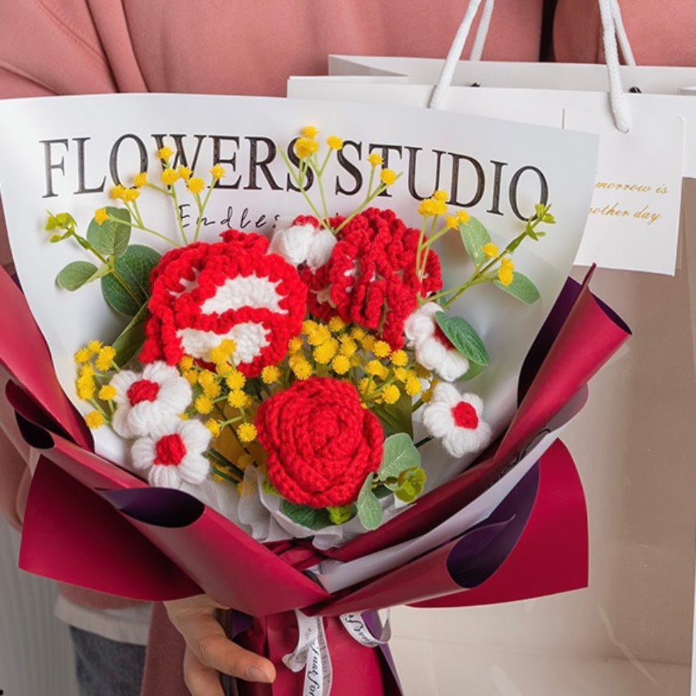 Crochet Flowers Bouquet Handmade Knitted Carnation Bouquet with Light Strip Gift for Her