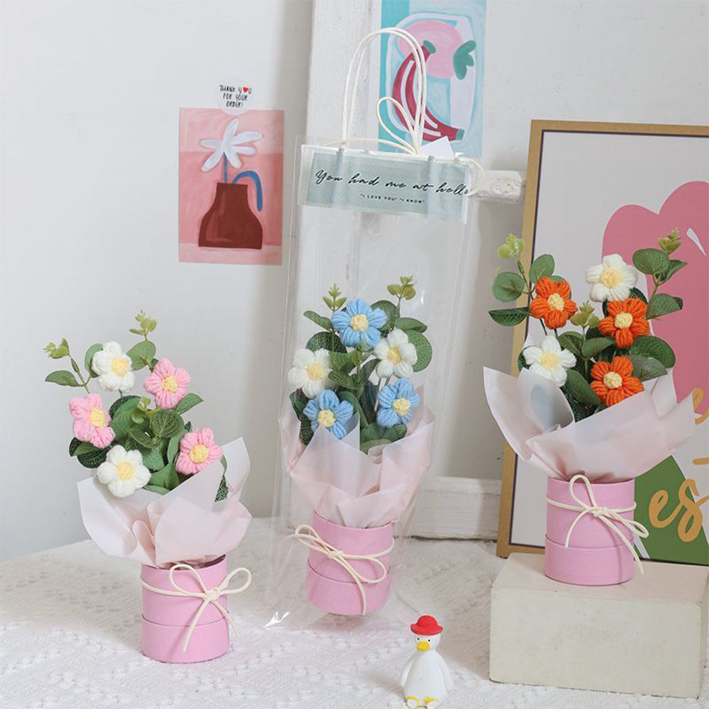 Crochet Flowers Bouquet Handmade Knitted Bouquet with Light Strip Birthday Gift for Lovers