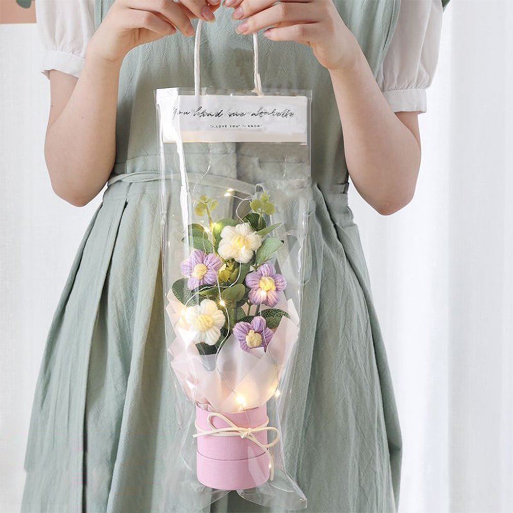 Crochet Flowers Bouquet Handmade Knitted Bouquet with Light Strip Birthday Gift for Lovers