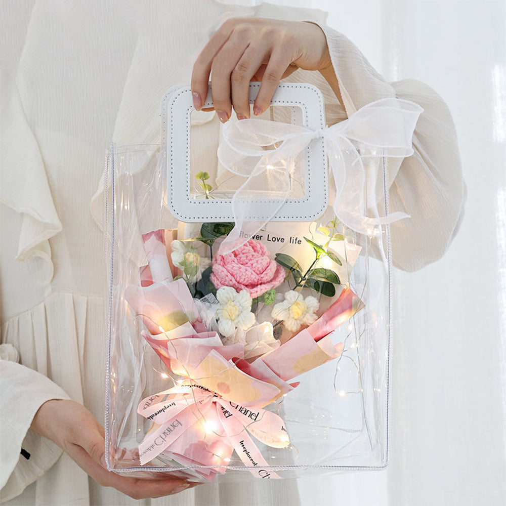 Crochet Flowers Bouquet Handmade Knitted Bouquet with Light Strip Gift for Teacher Mother Lover