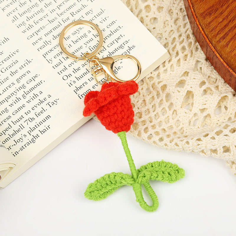 Crochet Flower Keychain Creative Tulip Handmade Knitted Keychain