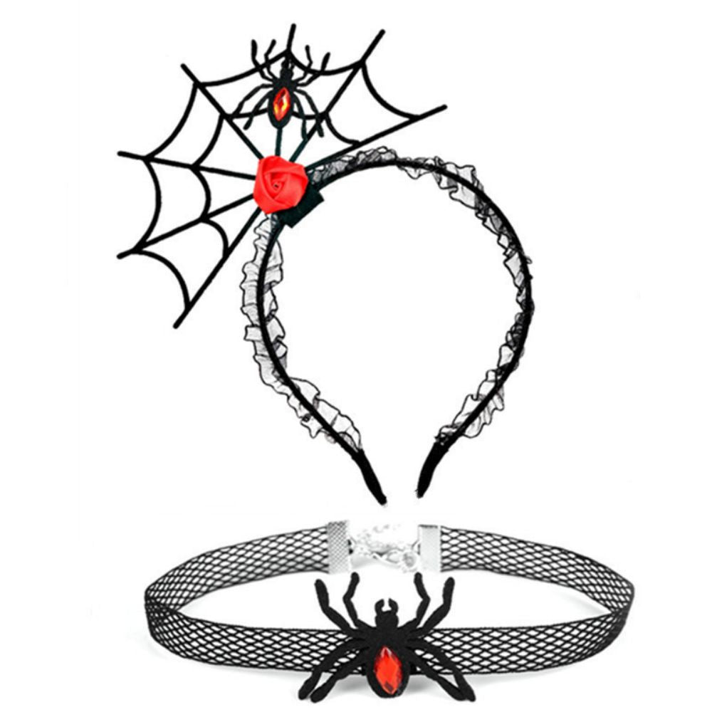 Halloween Black Lace Headbands with Clavicle Choker Necklace Halloween Hair Hoop for Party Supply Cosplay Decoration