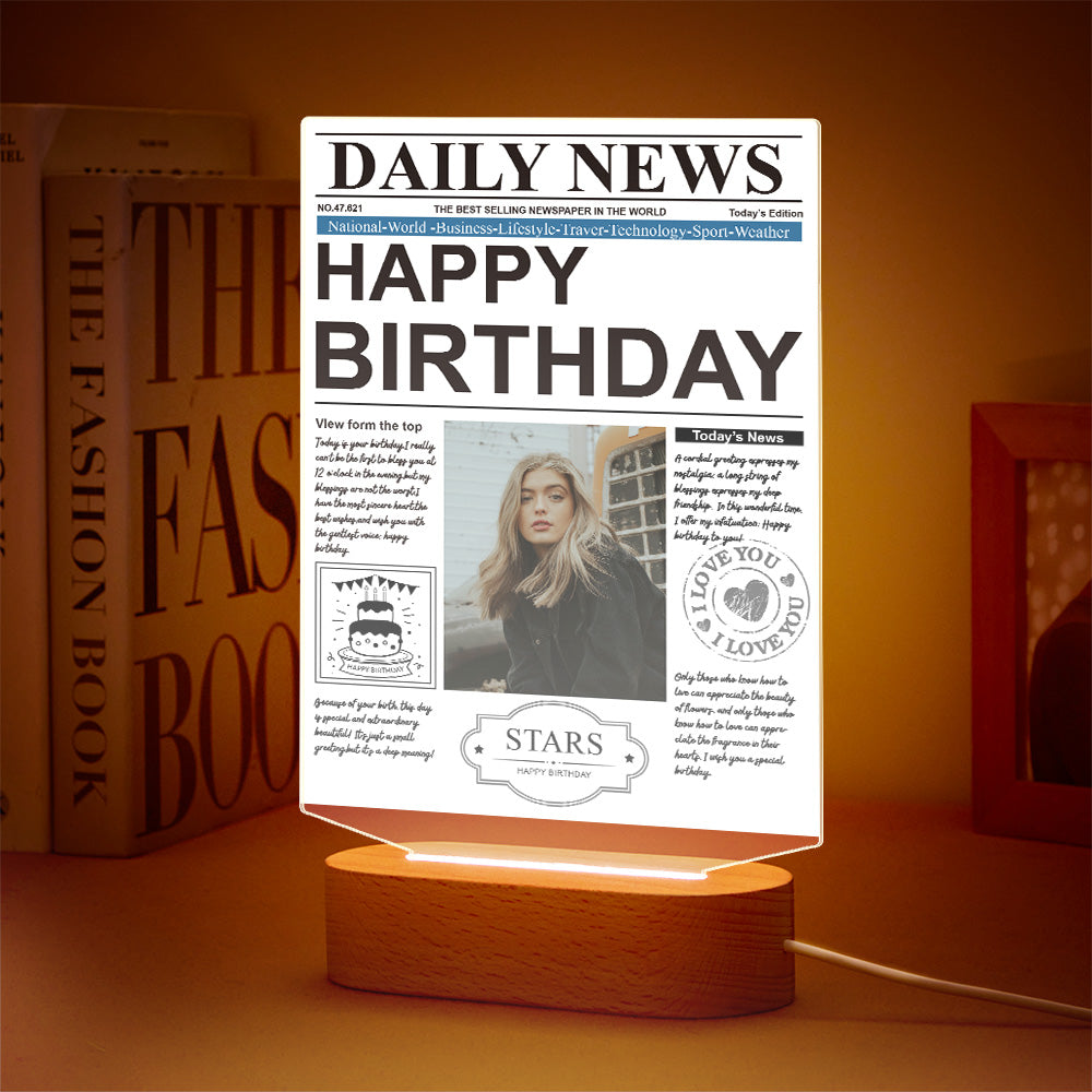 Custom Photo News Acrylic Plaque Colorful Lamp Personalised Night Light Birthday Gifts Memories Gift