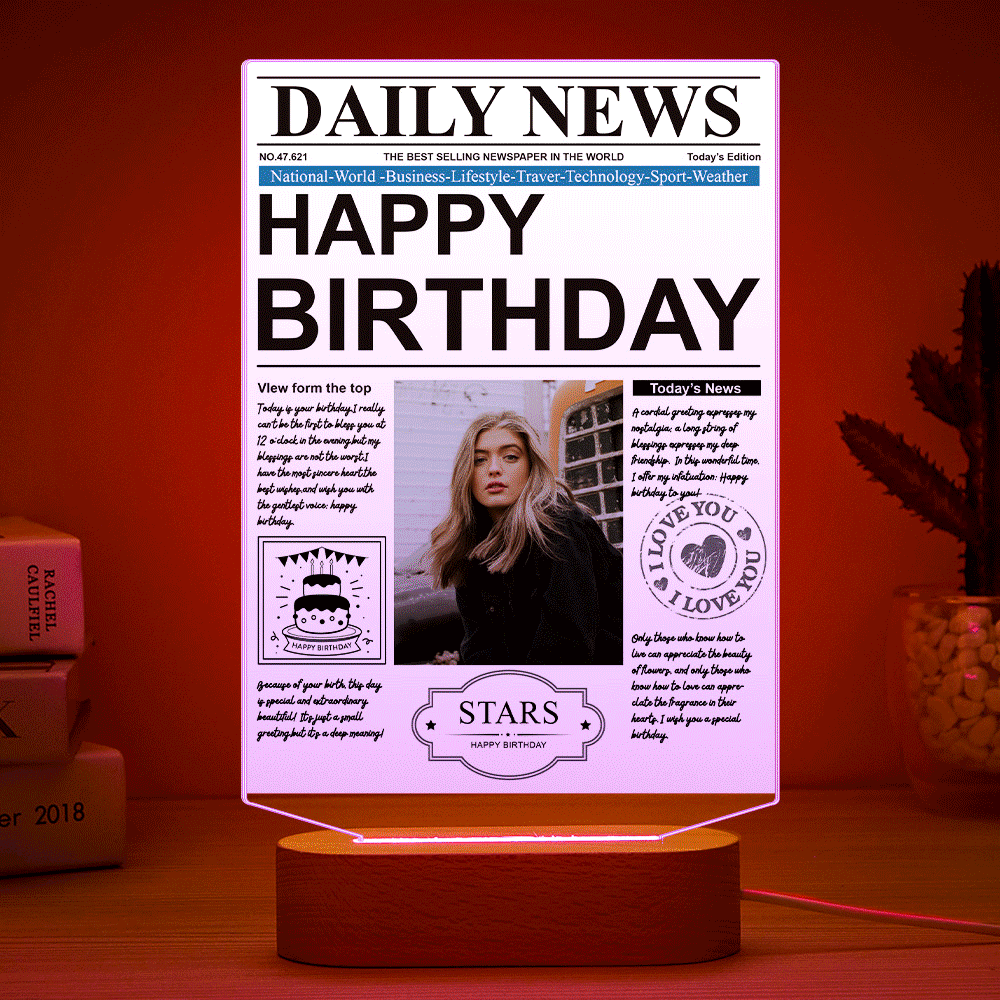 Custom Photo News Acrylic Plaque Colorful Lamp Personalised Night Light Birthday Gifts Memories Gift