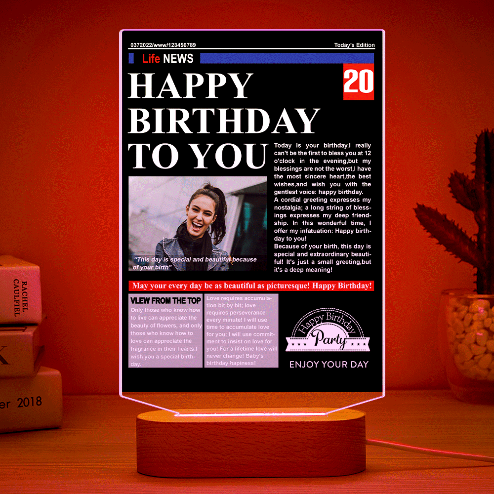 Custom Photo News On Acrylic Board Colorful Lamp Personalised Night Light Birthday Gifts