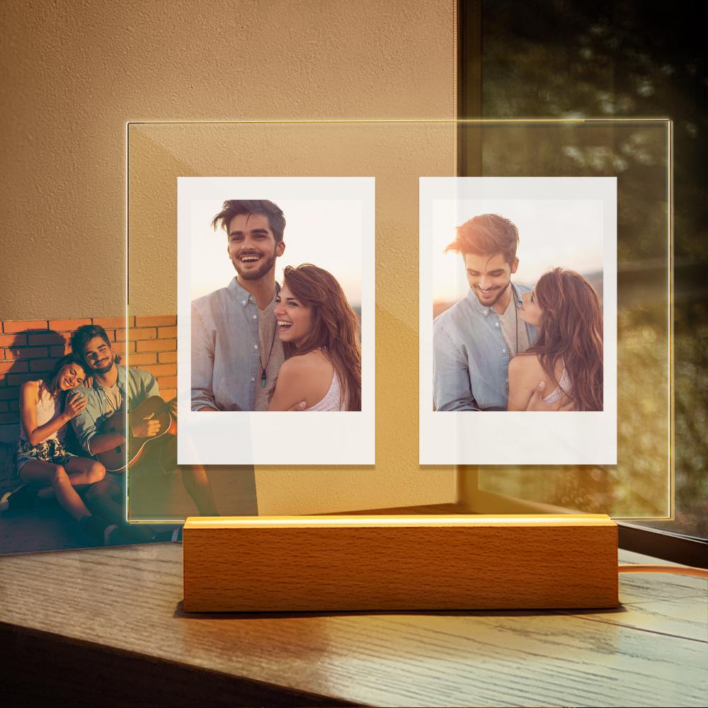 Personalised Acrylic Double Photo Lamp Yellow Warm Lights Perfect Night Light Gift for Couples On Valentine's Day