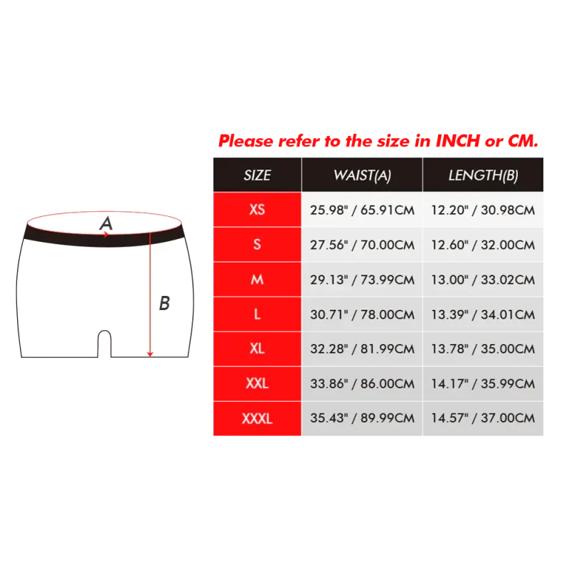 Size chart for men's underwear with waist and length measurements in inches and centimeters.