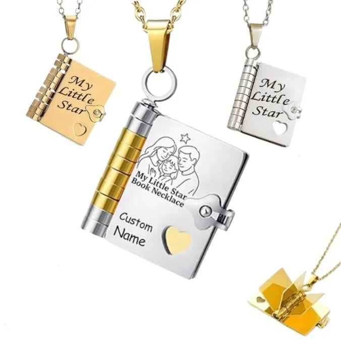 Book-shaped necklace with 'My Little Star' text and heart design on a white background