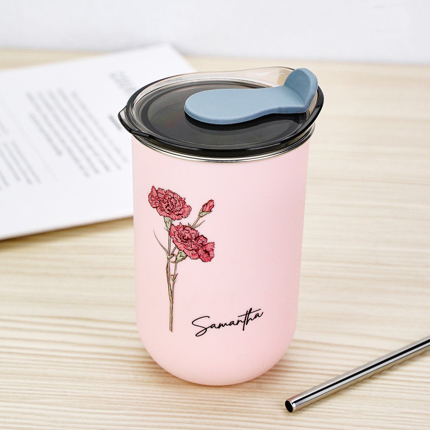 Custom Name Birth Flower Straw Coffee Cup 12oz/350ml - Personalised and Stylish