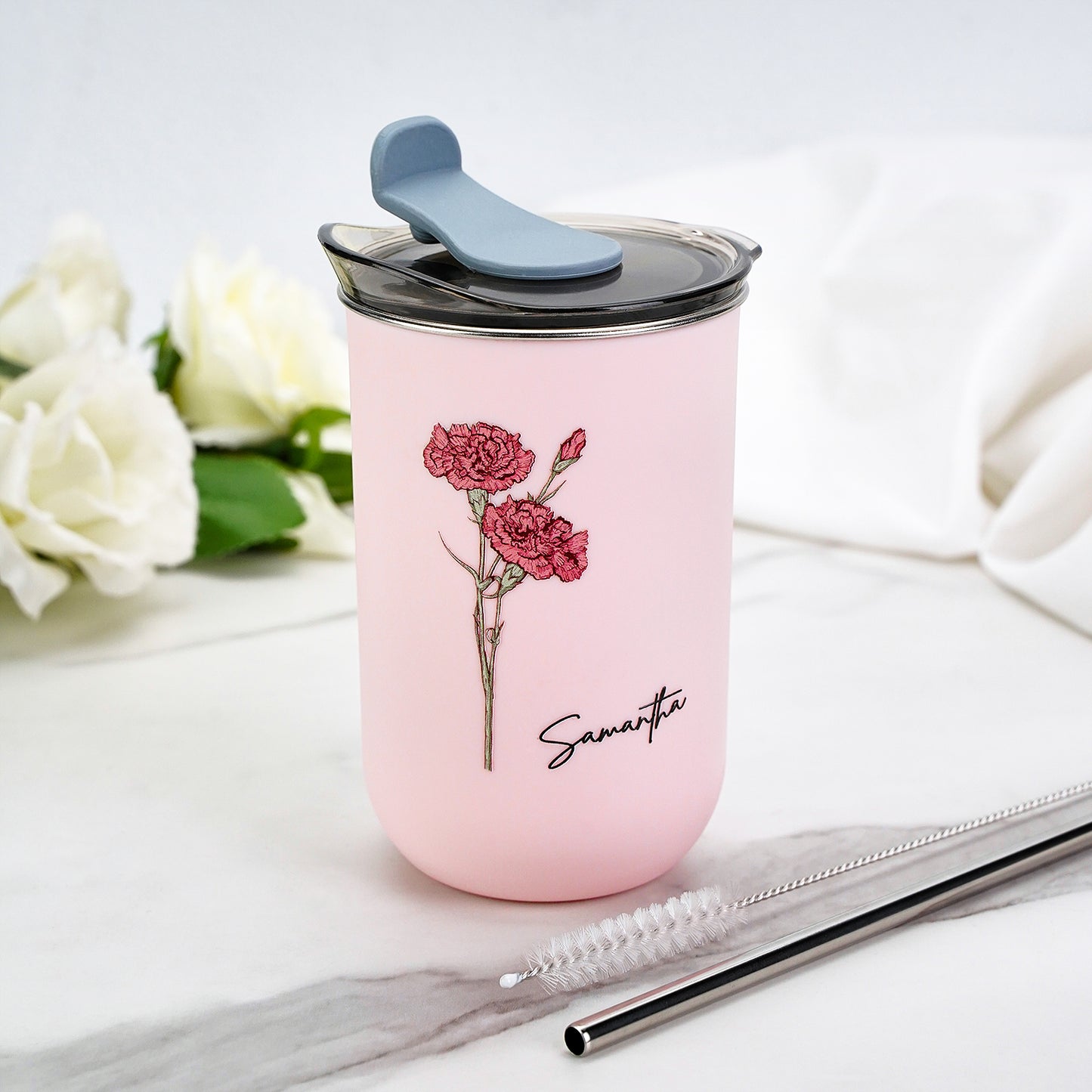 Custom Name Birth Flower Straw Coffee Cup 12oz/350ml - Personalised and Stylish