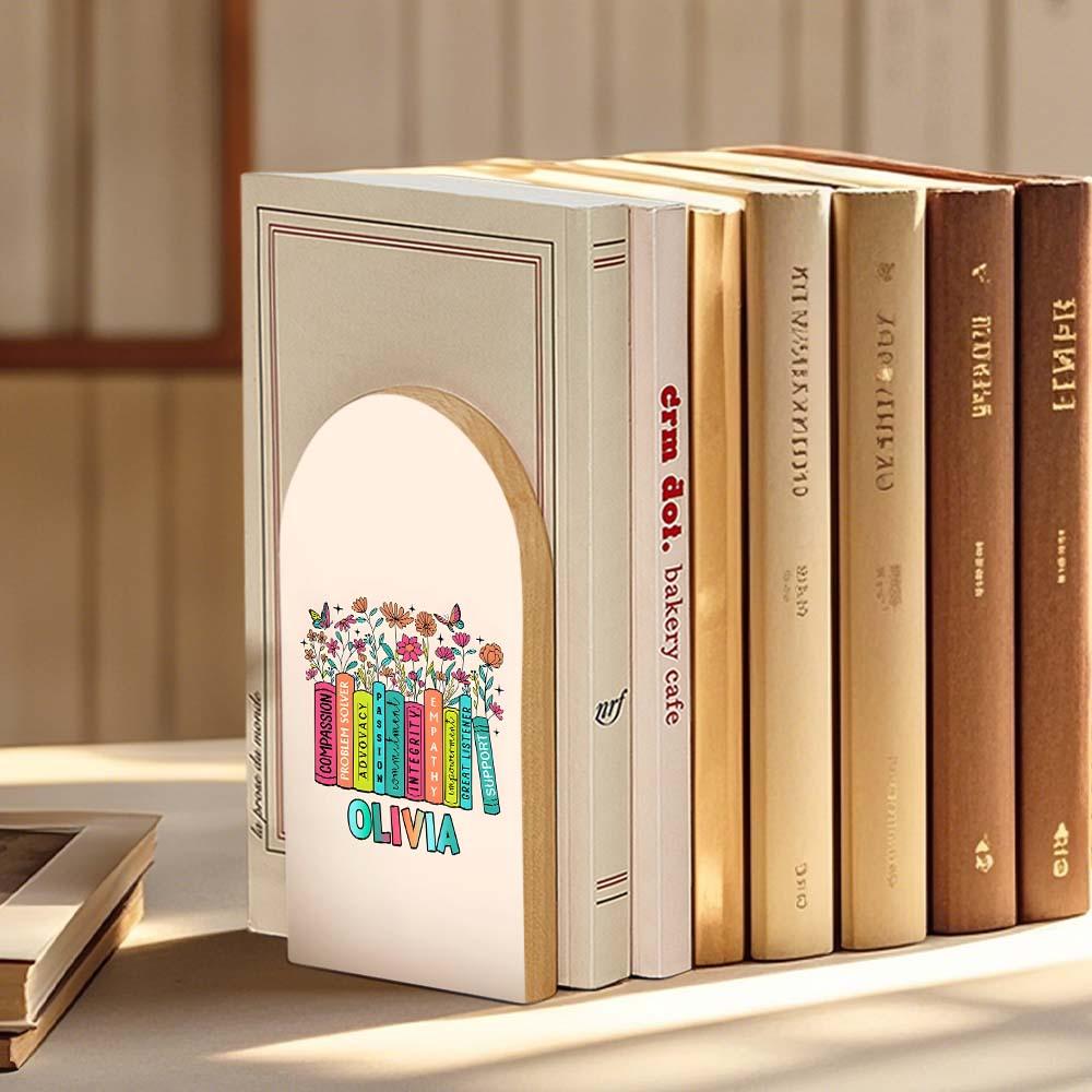 Personalised Wood Bookends with Name Floral Bookend Back to School Appreciation Gift for Teacher