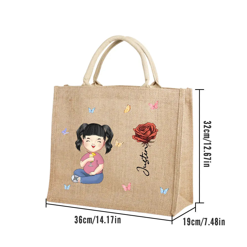 Personalised Cartoon Women Girl Birth Flower Grandma's Garden Jute Tote Bag with Name Wedding Birthday Gift for Her