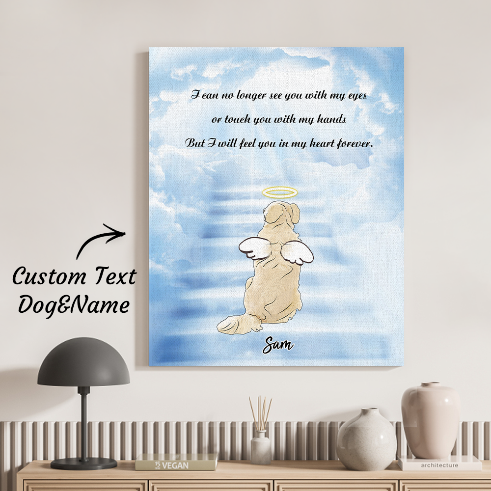 Canvas print with angel dog design and customizable text on a wall above a console table.